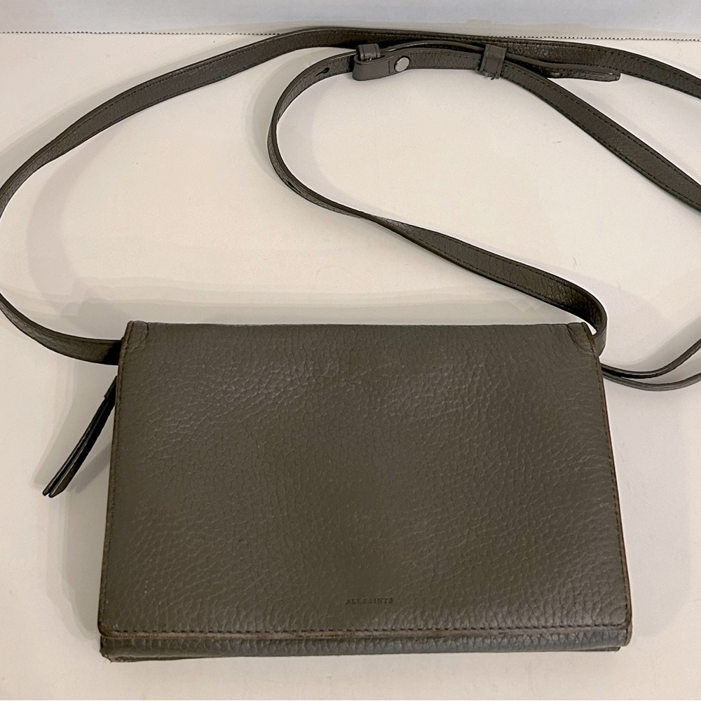 AllSaints Grey Pebbled Leather Crossbody  Purse Wallet